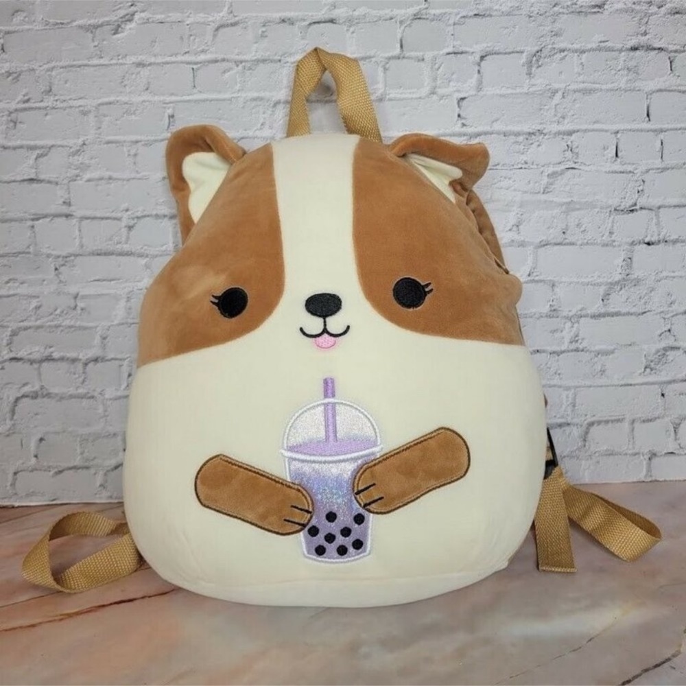 Squishmallows Regina The Corgi Backpack Cute Fluffy Plush Pillow Bag 15" Tan